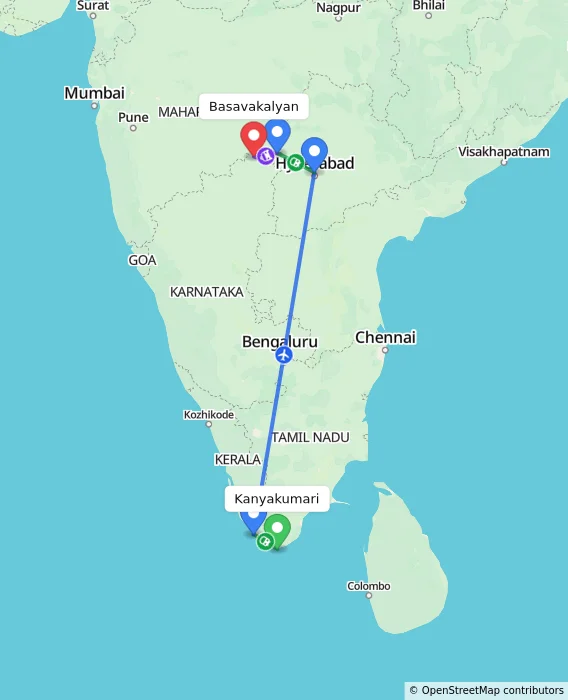 Route map showing distance and travel time from Kanyakumari, India to Basavakalyan, India