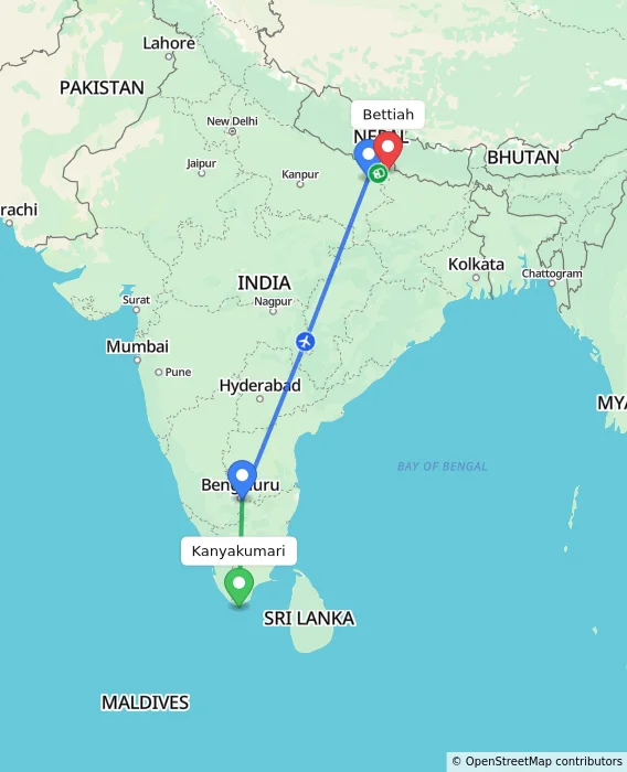 Route map showing distance and travel time from Kanyakumari, India to Bettiah, India