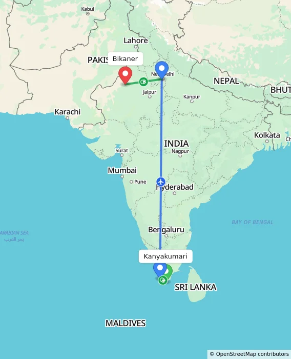 Route map showing distance and travel time from Kanyakumari, India to Bikaner, India