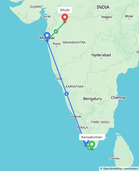 Route map showing distance and travel time from Kanyakumari, India to Dhule, India