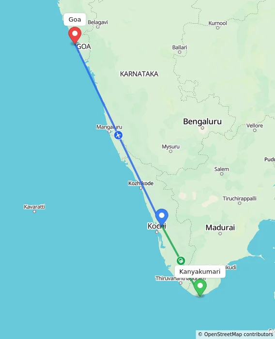 Route map showing distance and travel time from Kanyakumari, India to Goa, India