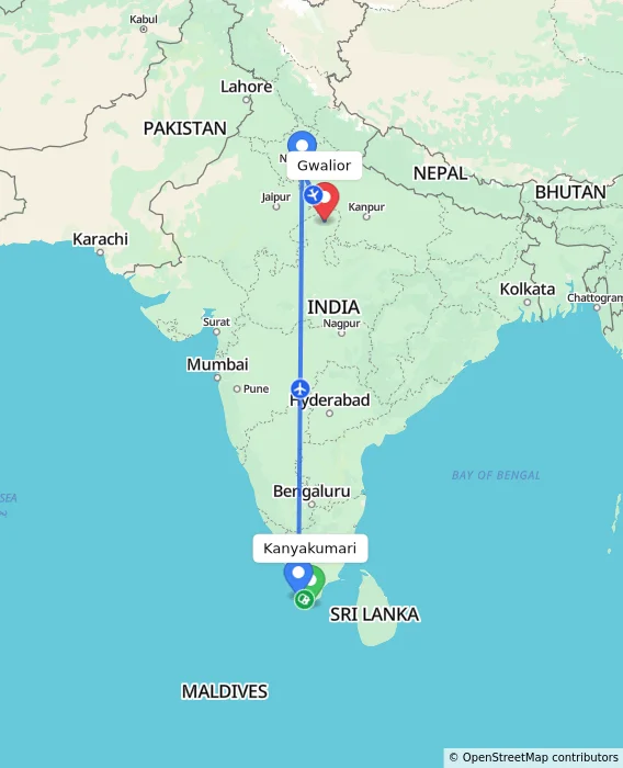 Route map showing distance and travel time from Kanyakumari, India to Gwalior, India