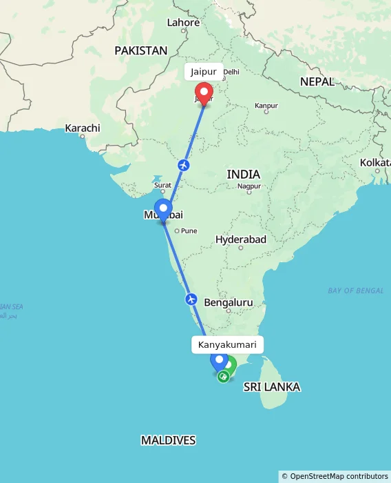 Route map showing distance and travel time from Kanyakumari, India to Jaipur, India