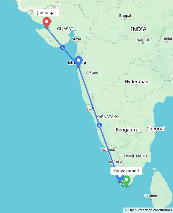Route map showing distance and travel time from Kanyakumari, India to Jamnagar, India