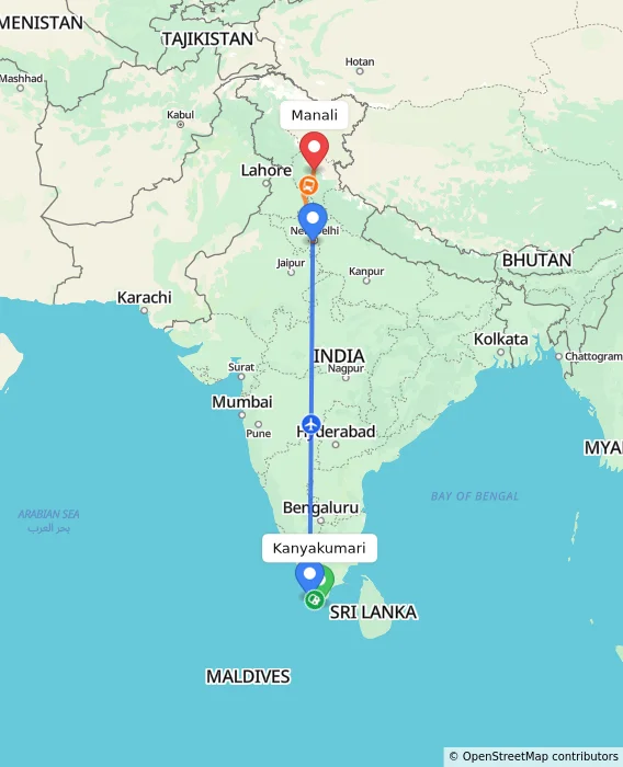 Route map showing distance and travel time from Kanyakumari, India to Manali, India