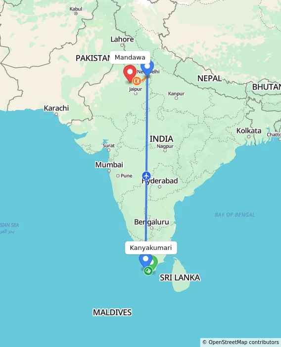 Route map showing distance and travel time from Kanyakumari, India to Mandawa, India
