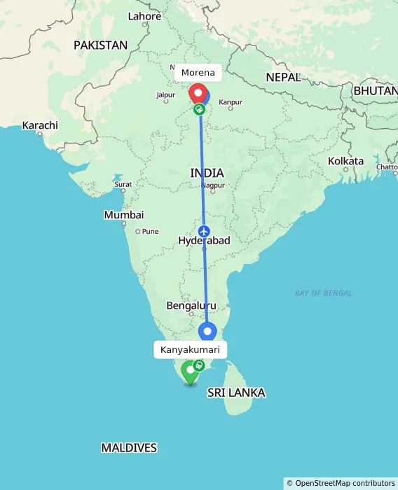 Route map showing distance and travel time from Kanyakumari, India to Morena, India