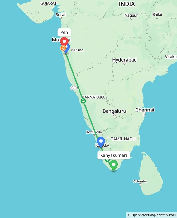 Route map showing distance and travel time from Kanyakumari, India to Pen, India