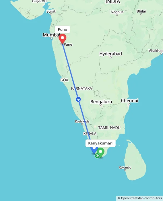 Route map showing distance and travel time from Kanyakumari, India to Pune, India