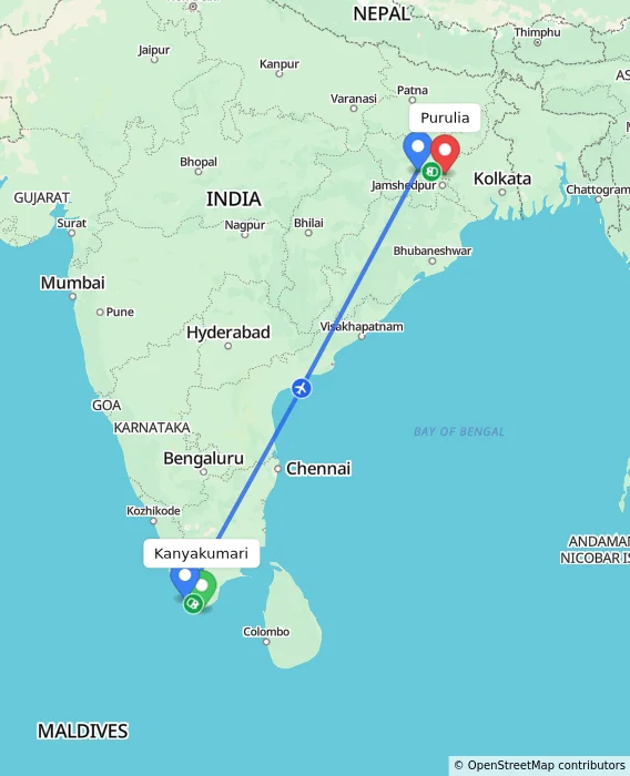 Route map showing distance and travel time from Kanyakumari, India to Purulia, India