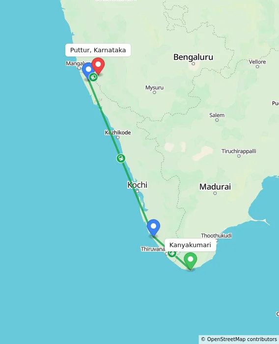 Route map showing distance and travel time from Kanyakumari, India to Puttur, Karnataka, India