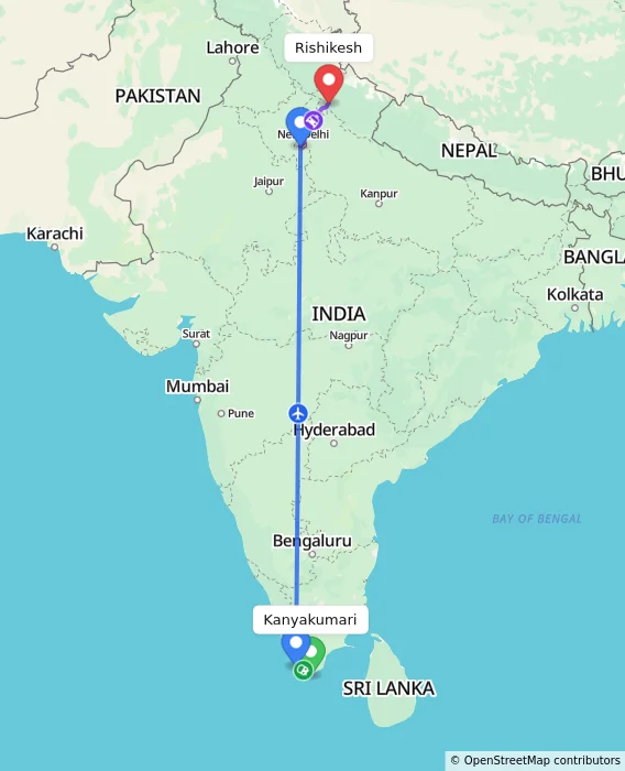 Route map showing distance and travel time from Kanyakumari, India to Rishikesh, India