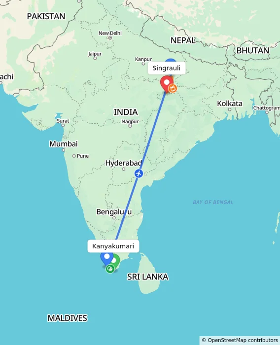Route map showing distance and travel time from Kanyakumari, India to Singrauli, India