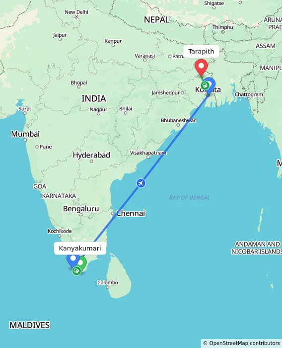 Route map showing distance and travel time from Kanyakumari, India to Tarapith, India