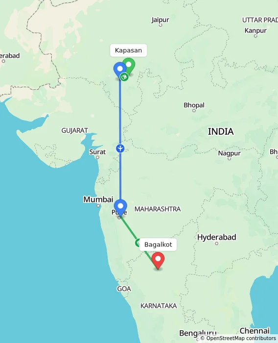 Route map showing distance and travel time from Kapasan, India to Bagalkot, India