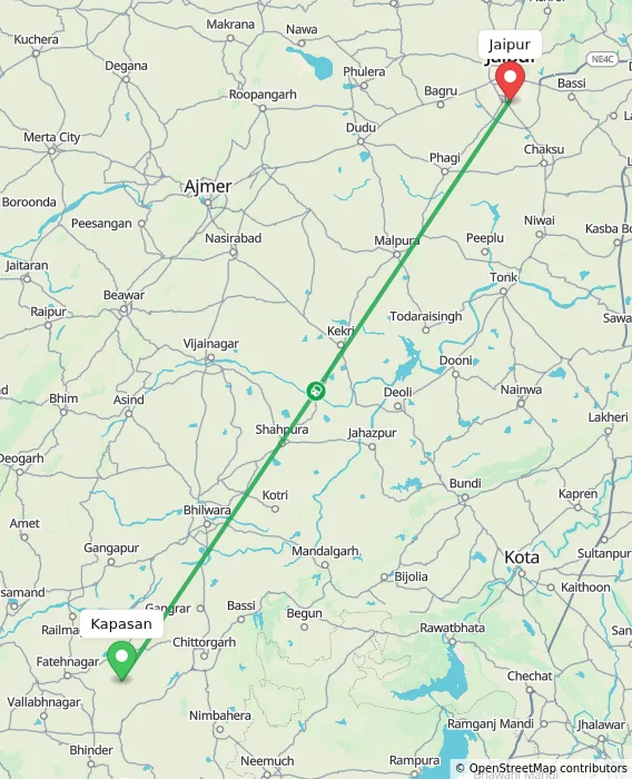 Route map showing distance and travel time from Kapasan, India to Jaipur, India