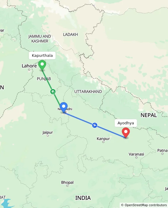 Route map showing distance and travel time from Kapurthala, India to Ayodhya, India