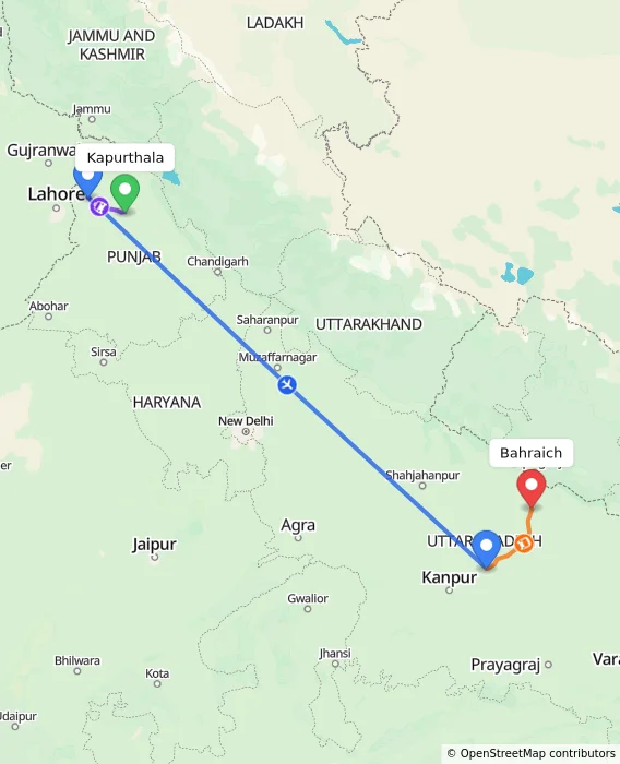 Route map showing distance and travel time from Kapurthala, India to Bahraich, India
