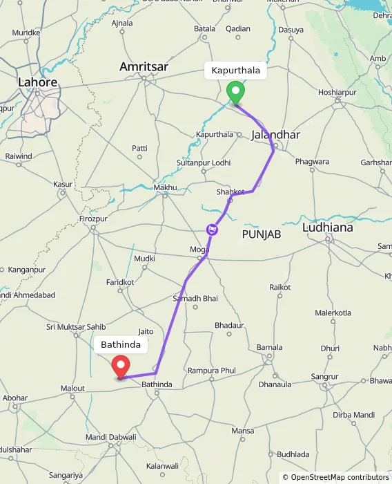 Route map showing distance and travel time from Kapurthala, India to Bathinda, India