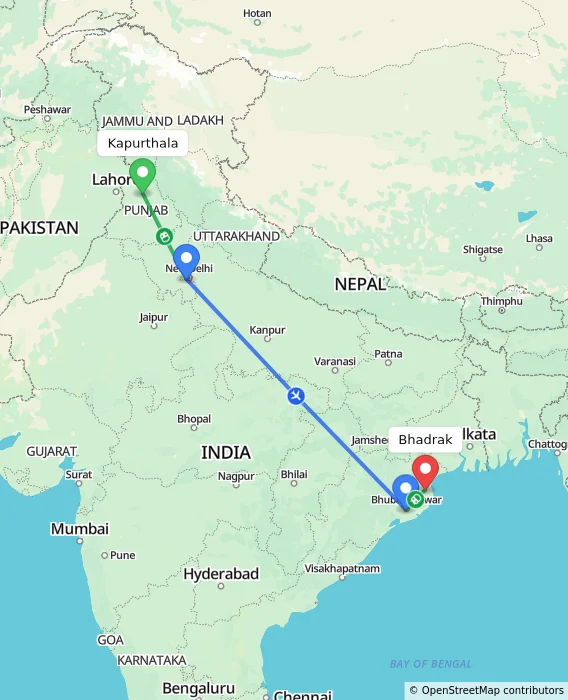 Route map showing distance and travel time from Kapurthala, India to Bhadrak, India