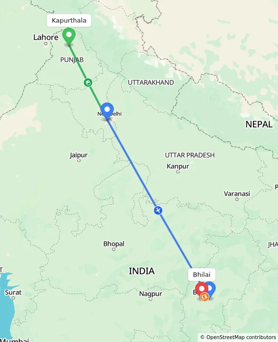 Route map showing distance and travel time from Kapurthala, India to Bhilai, India