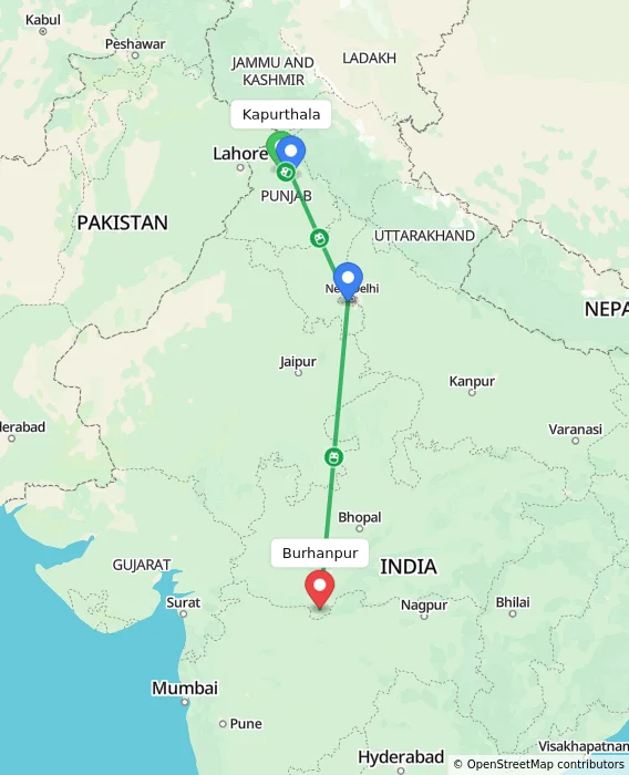 Route map showing distance and travel time from Kapurthala, India to Burhanpur, India