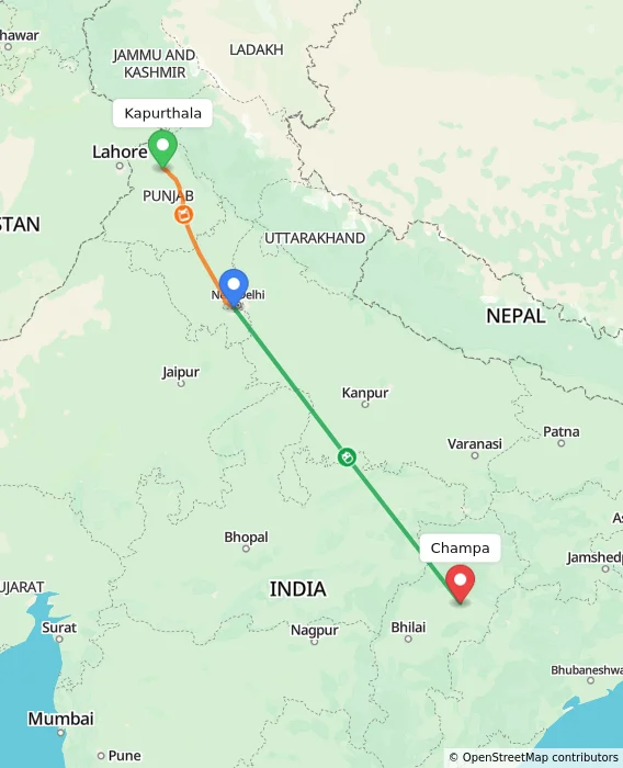 Route map showing distance and travel time from Kapurthala, India to Champa, India