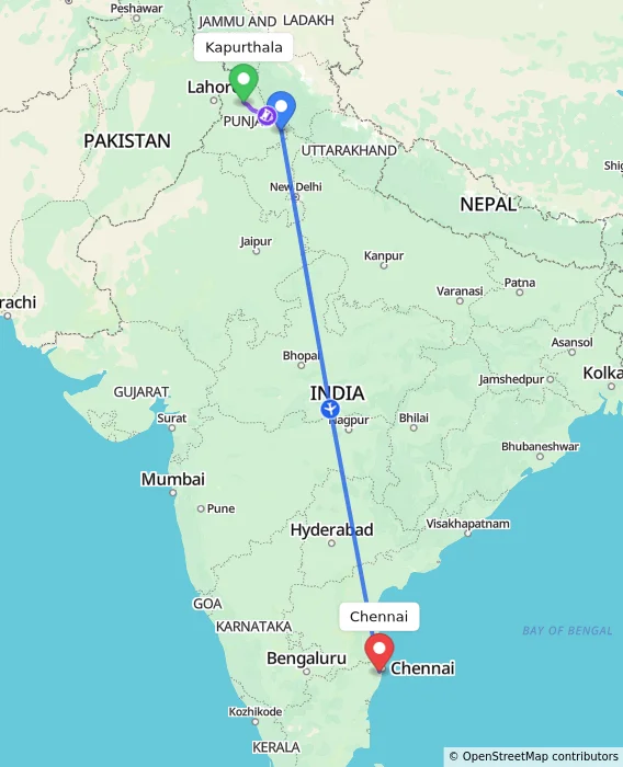 Route map showing distance and travel time from Kapurthala, India to Chennai, India