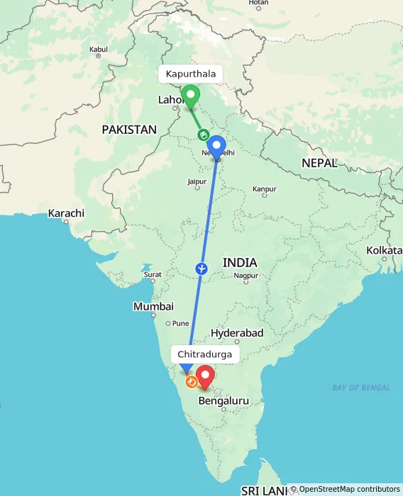 Route map showing distance and travel time from Kapurthala, India to Chitradurga, India