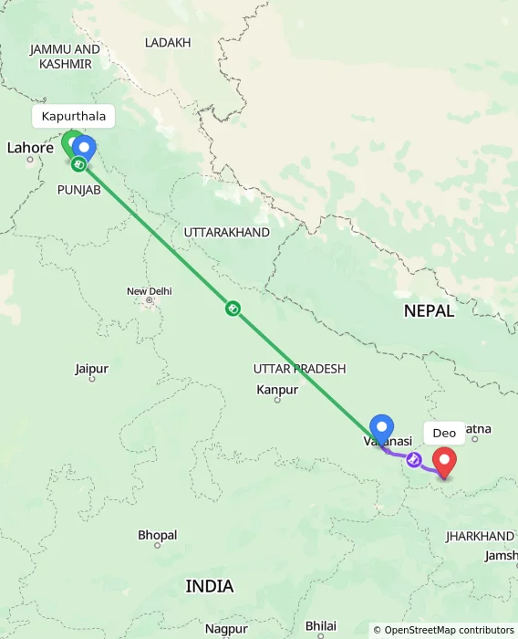 Route map showing distance and travel time from Kapurthala, India to Deo, India