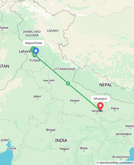 Route map showing distance and travel time from Kapurthala, India to Ghazipur, India