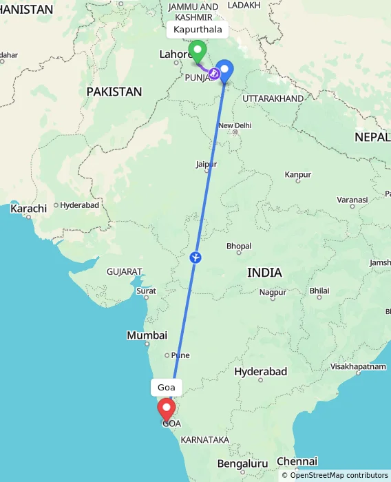 Route map showing distance and travel time from Kapurthala, India to Goa, India