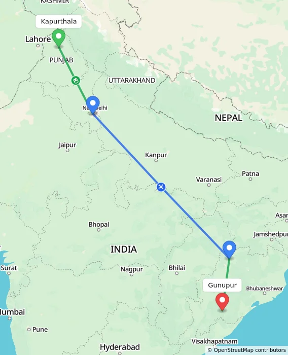 Route map showing distance and travel time from Kapurthala, India to Gunupur, India