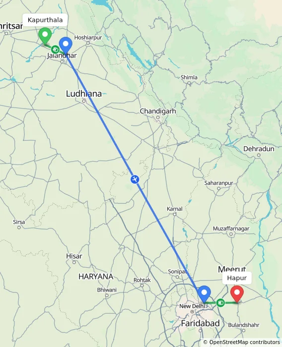 Route map showing distance and travel time from Kapurthala, India to Hapur, India