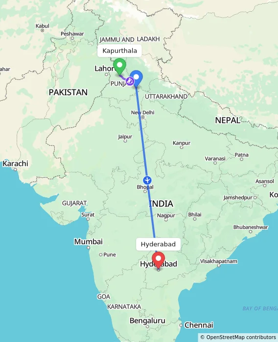 Route map showing distance and travel time from Kapurthala, India to Hyderabad, India