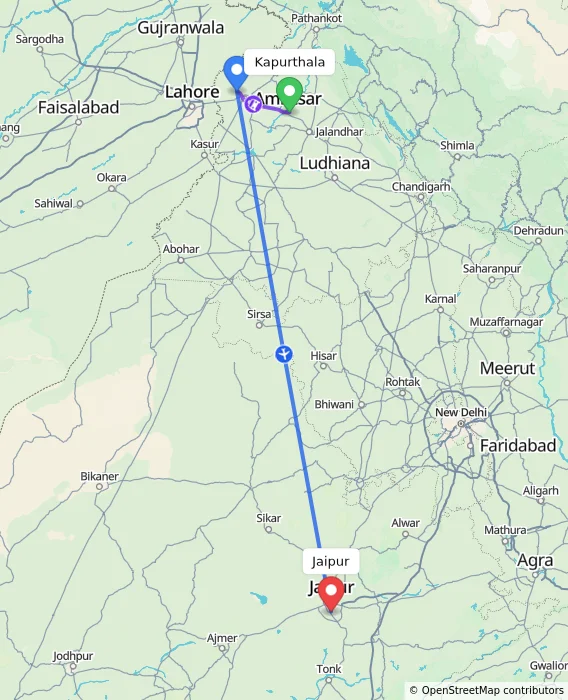 Route map showing distance and travel time from Kapurthala, India to Jaipur, India