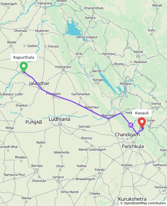 Route map showing distance and travel time from Kapurthala, India to Kasauli, India