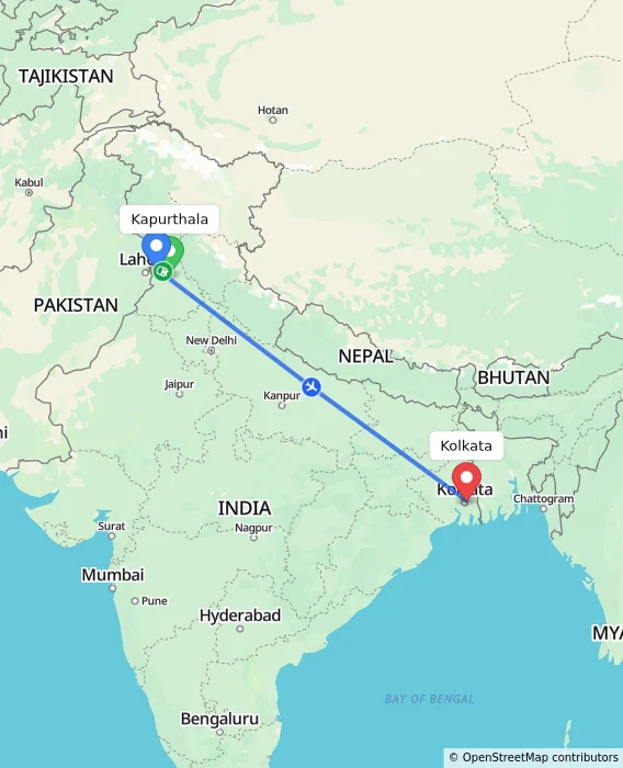 Route map showing distance and travel time from Kapurthala, India to Kolkata, India