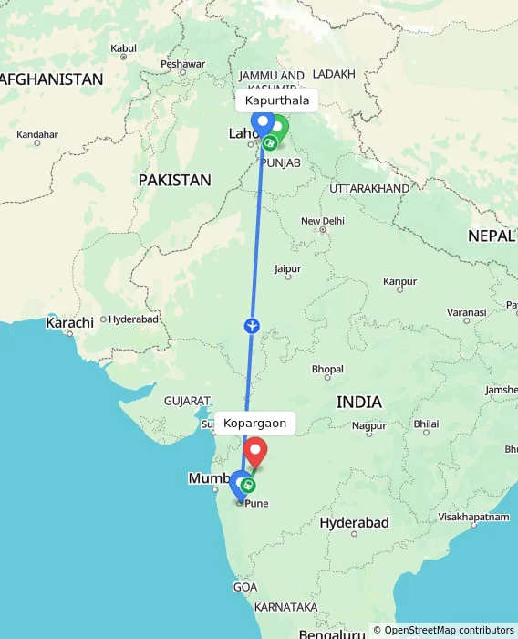 Route map showing distance and travel time from Kapurthala, India to Kopargaon, India