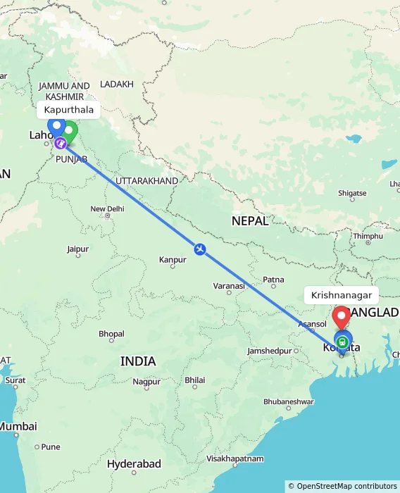 Route map showing distance and travel time from Kapurthala, India to Krishnanagar, India