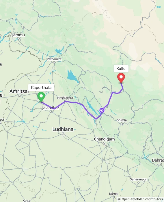 Route map showing distance and travel time from Kapurthala, India to Kullu, India