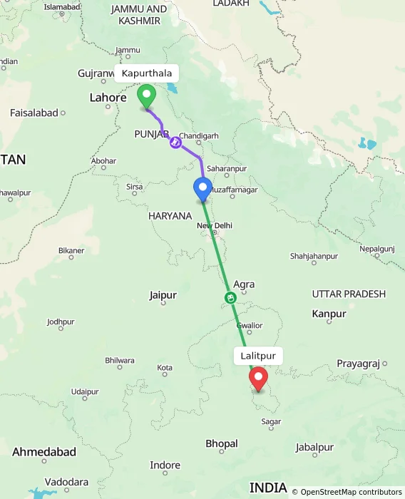 Route map showing distance and travel time from Kapurthala, India to Lalitpur, India