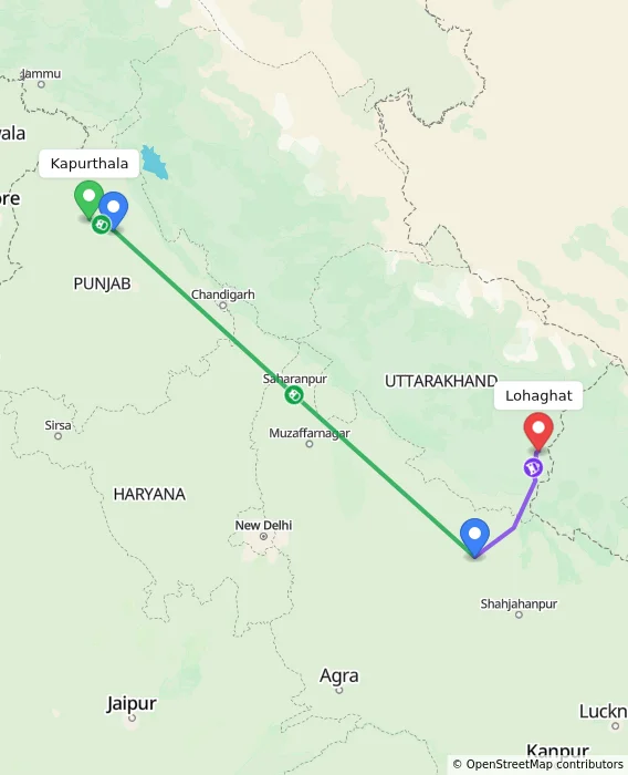 Route map showing distance and travel time from Kapurthala, India to Lohaghat, India