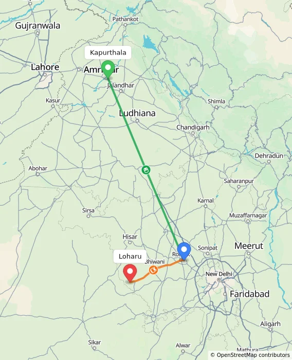 Route map showing distance and travel time from Kapurthala, India to Loharu, India