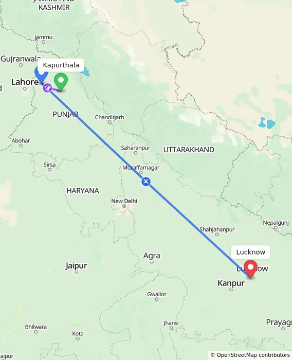 Route map showing distance and travel time from Kapurthala, India to Lucknow, India