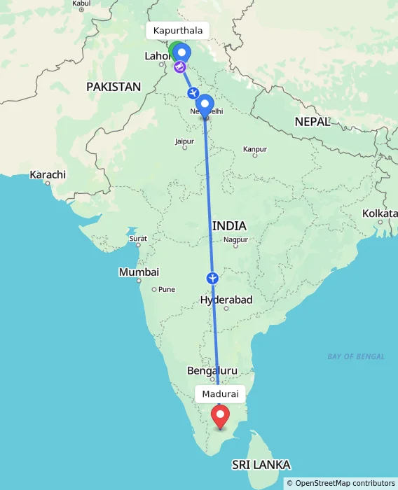 Route map showing distance and travel time from Kapurthala, India to Madurai, India