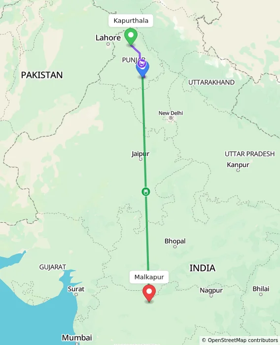 Route map showing distance and travel time from Kapurthala, India to Malkapur, India