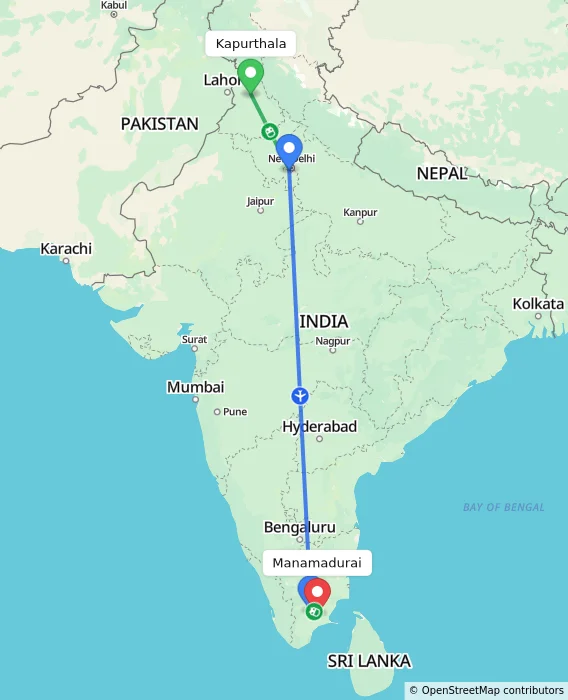 Route map showing distance and travel time from Kapurthala, India to Manamadurai, India