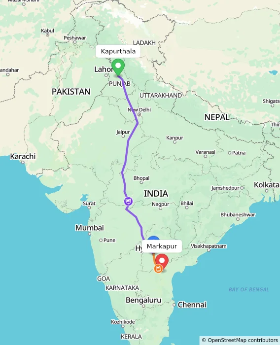 Route map showing distance and travel time from Kapurthala, India to Markapur, India