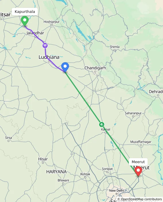 Route map showing distance and travel time from Kapurthala, India to Meerut, India